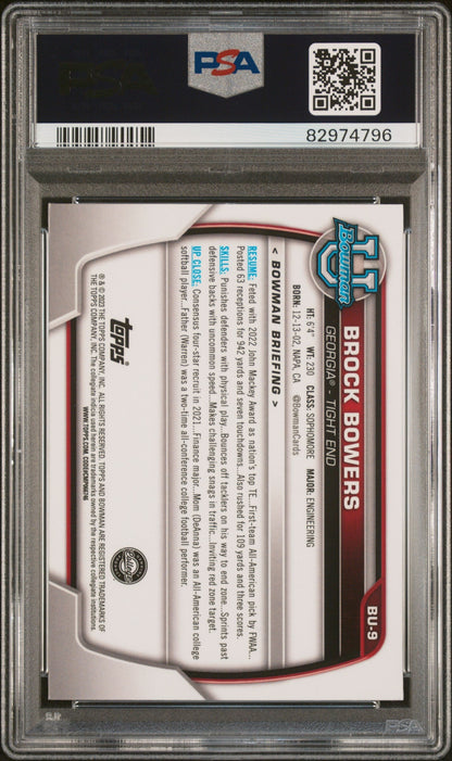 Graded 2023 Topps Bowman Chrome U NSCC Brock Bowers #9 Rookie RC Football Card PSA 10 Gem Mint