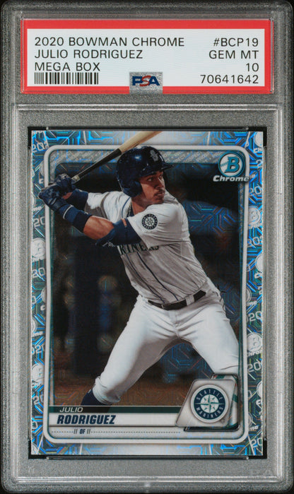 Graded 2020 Topps Bowman Chrome Julio Rodriguez #BCP19 Mega Box Rookie RC Baseball Card PSA 10 Gem Mint