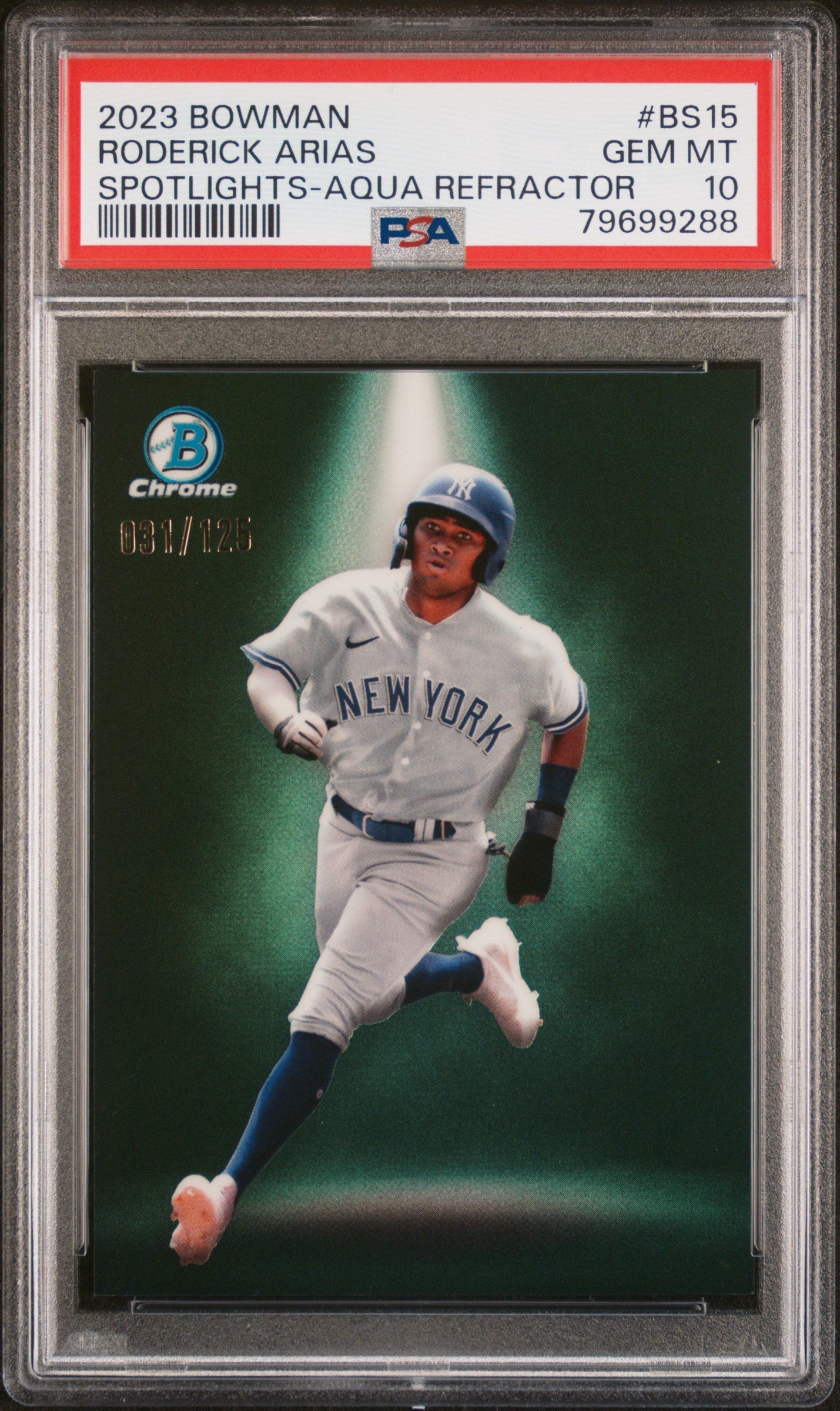 Graded 2023 Topps Bowman Roderick Arias #BS15 Spotlights Aqua Refractor /125 Rookie RC Baseball Card PSA 10 Gem Mint