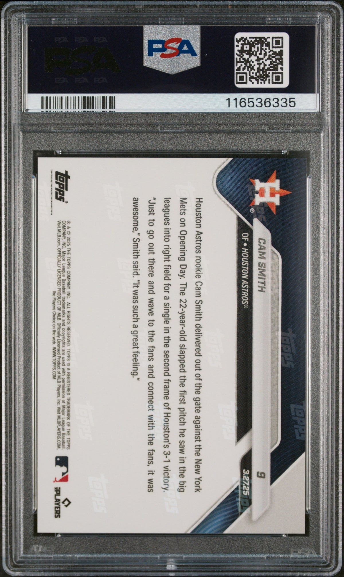 Graded 2025 Topps Now Cam Smith #9 Rookie RC Baseball Card PSA 10 Gem Mint