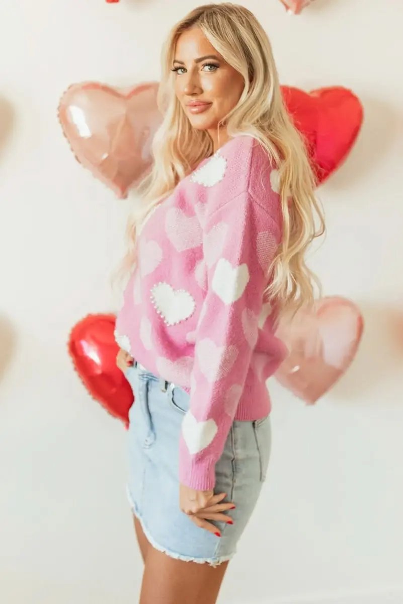Sweaters Love Salve Pearled Heart Sweater Valentine's Day Women's Crew Neck Pullover - Soft & Cute