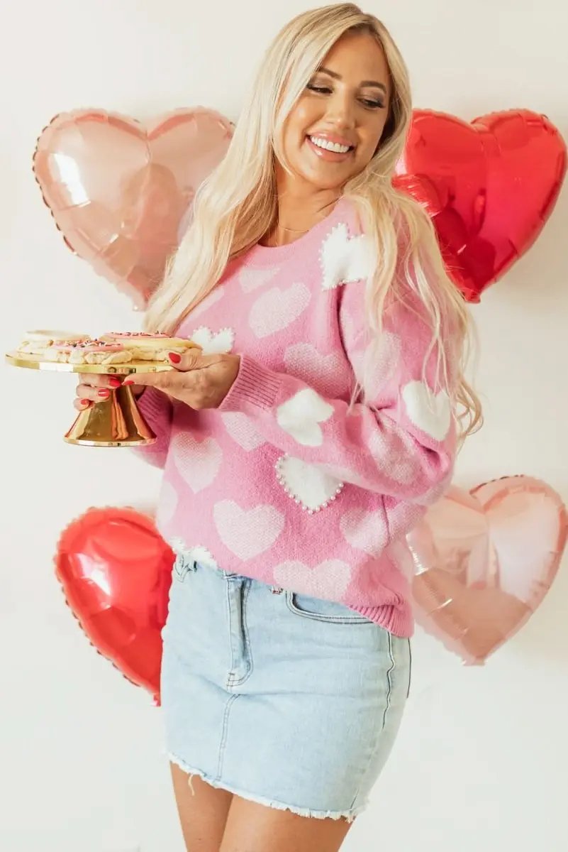 Sweaters Love Salve Pearled Heart Sweater Valentine's Day Women's Crew Neck Pullover - Soft & Cute