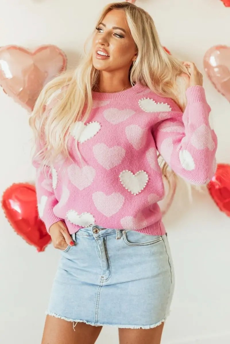 Sweaters Love Salve Pearled Heart Sweater Valentine's Day Women's Crew Neck Pullover - Soft & Cute