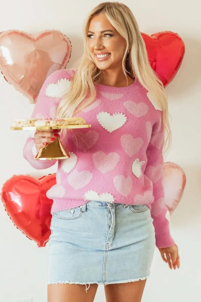Sweaters Love Salve Pearled Heart Sweater Valentine's Day Women's Crew Neck Pullover - Soft & Cute