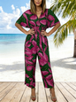 Summer V-Neck Printed Dolman Sleeve Cropped Wide-Leg Jumpsuit