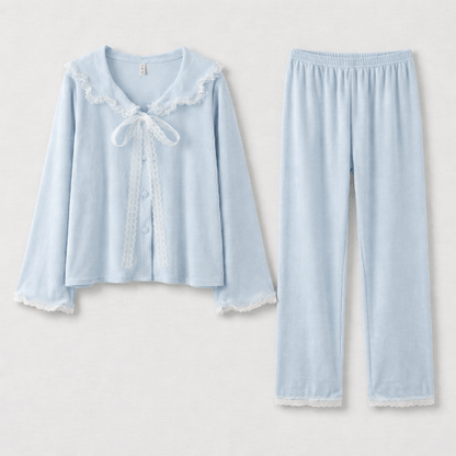 Rosy Velvet Coquette Lace Pajama Set / Blue