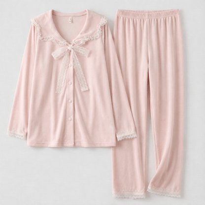 Rosy Velvet Coquette Lace Pajama Set / Pink