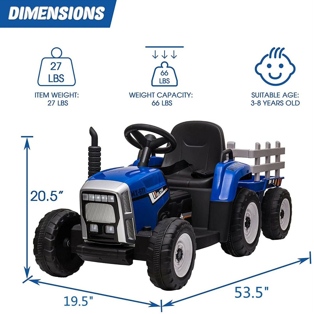 VILOBOS 12V Ride On Tractor with Trailer - Battery Powered Toy Car for Kids