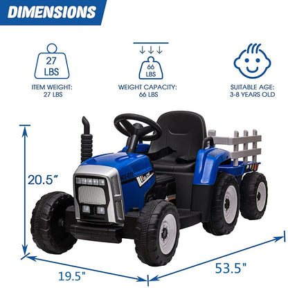 VILOBOS 12V Ride On Tractor with Trailer - Battery Powered Toy Car for Kids