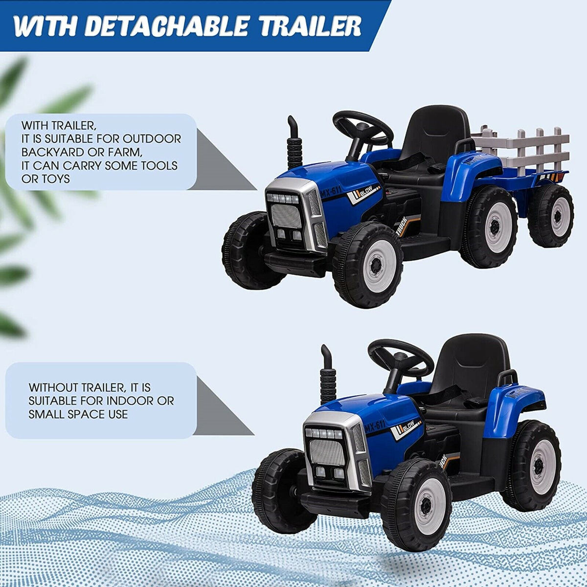 VILOBOS 12V Ride On Tractor with Trailer - Battery Powered Toy Car for Kids