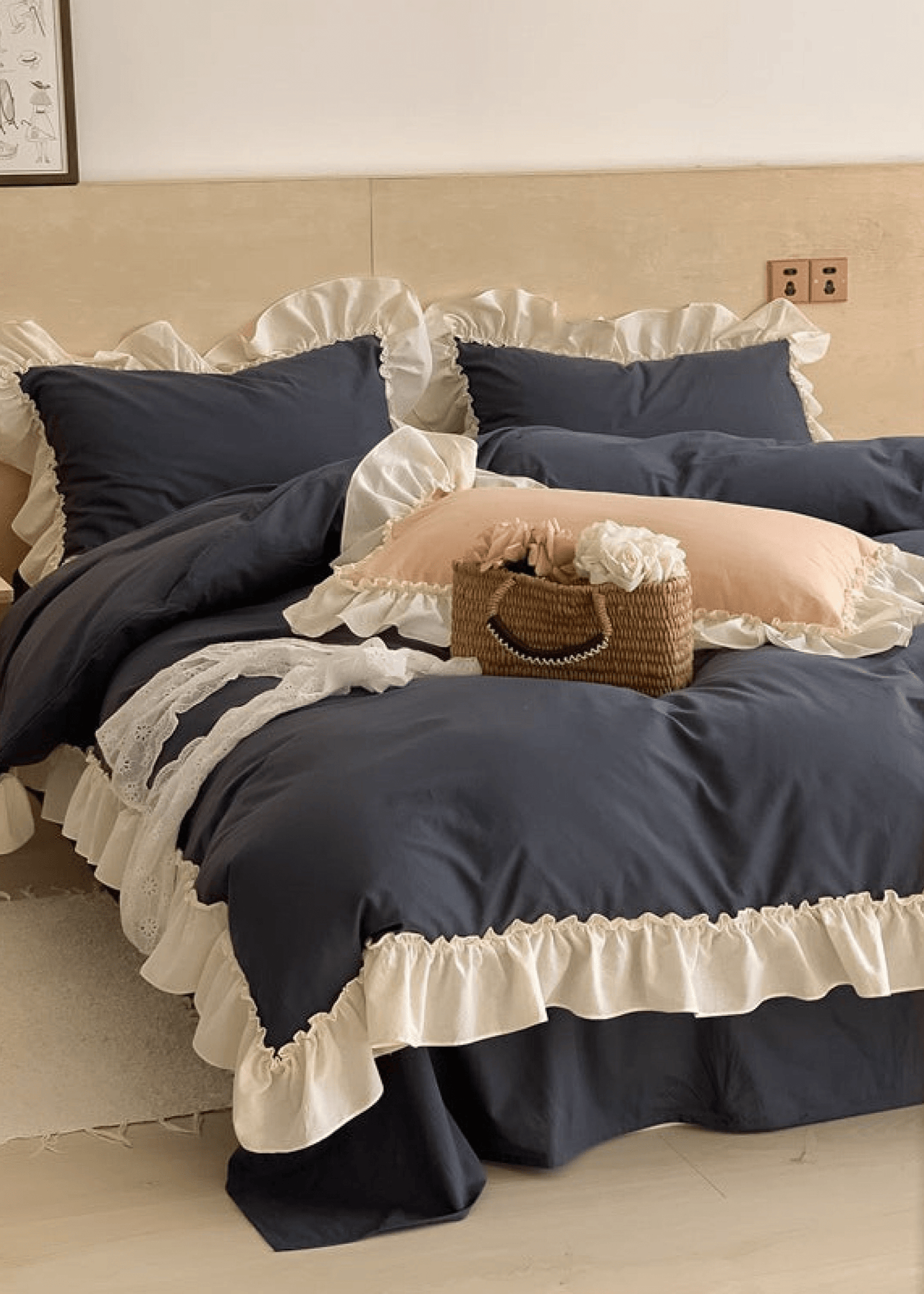 Vintage Earth Tone Large Ruffle Bedding Set / Royal Blue