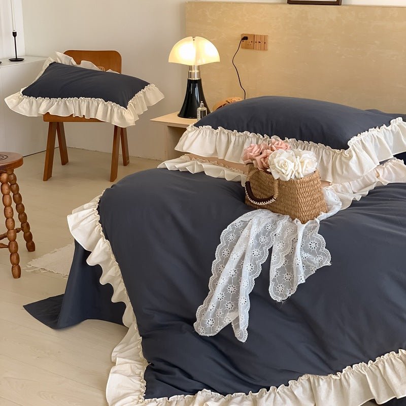 Vintage Earth Tone Large Ruffle Bedding Set / Royal Blue