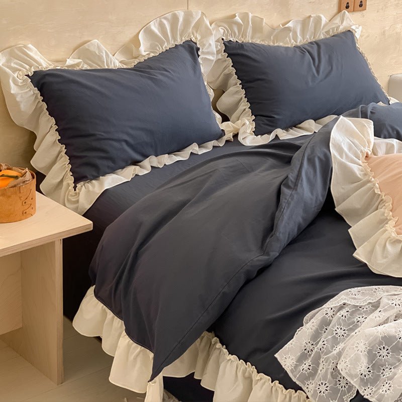 Vintage Earth Tone Large Ruffle Bedding Set / Royal Blue