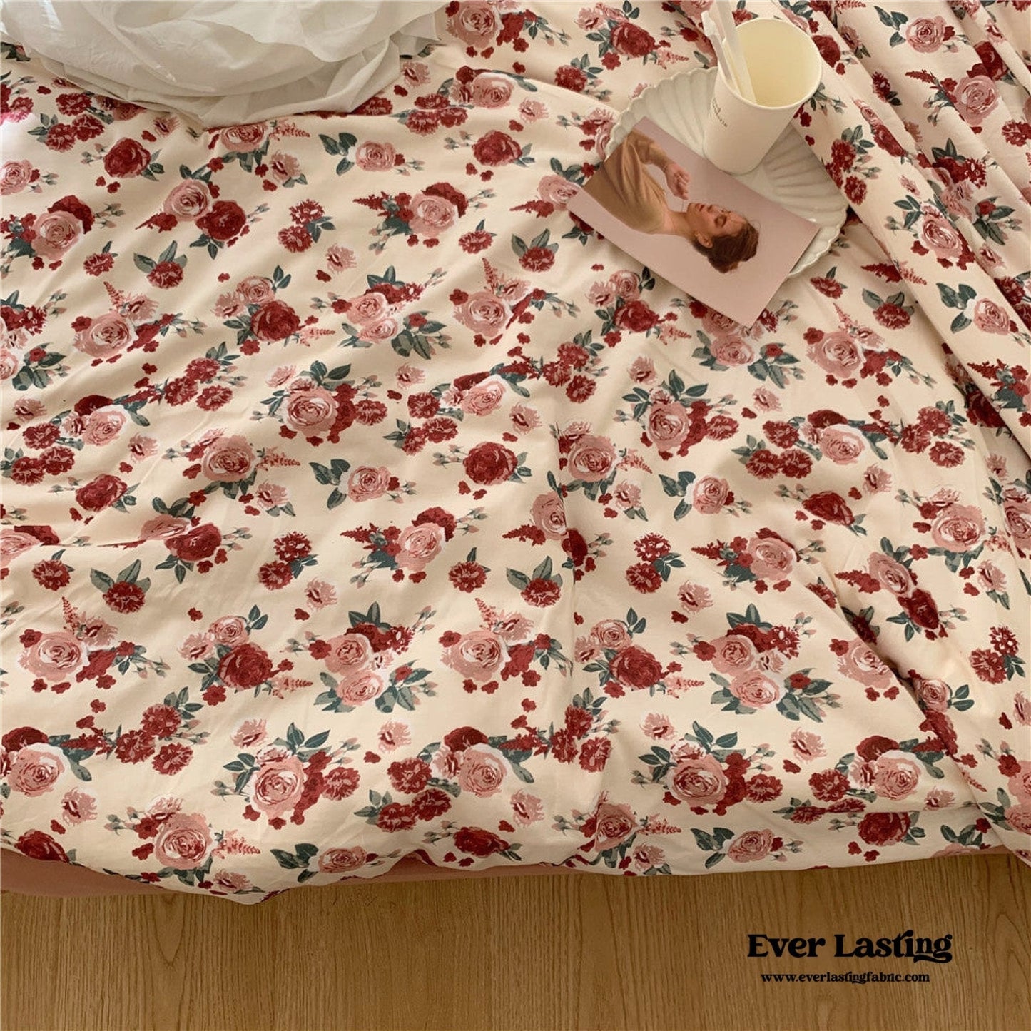 Vintage Floral Jersey Knit Bedding Set / Maroon Red