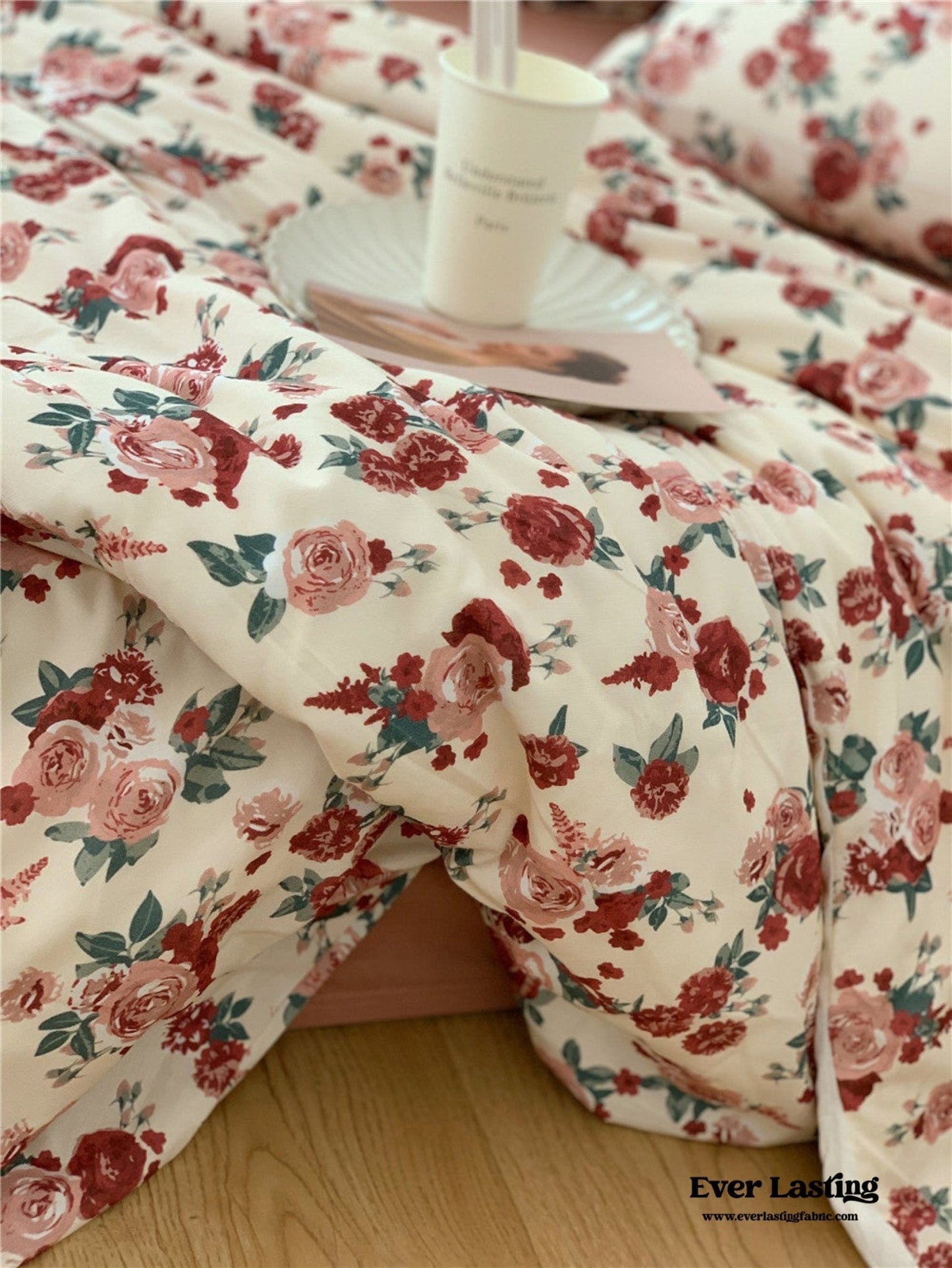 Vintage Floral Jersey Knit Bedding Set / Maroon Red