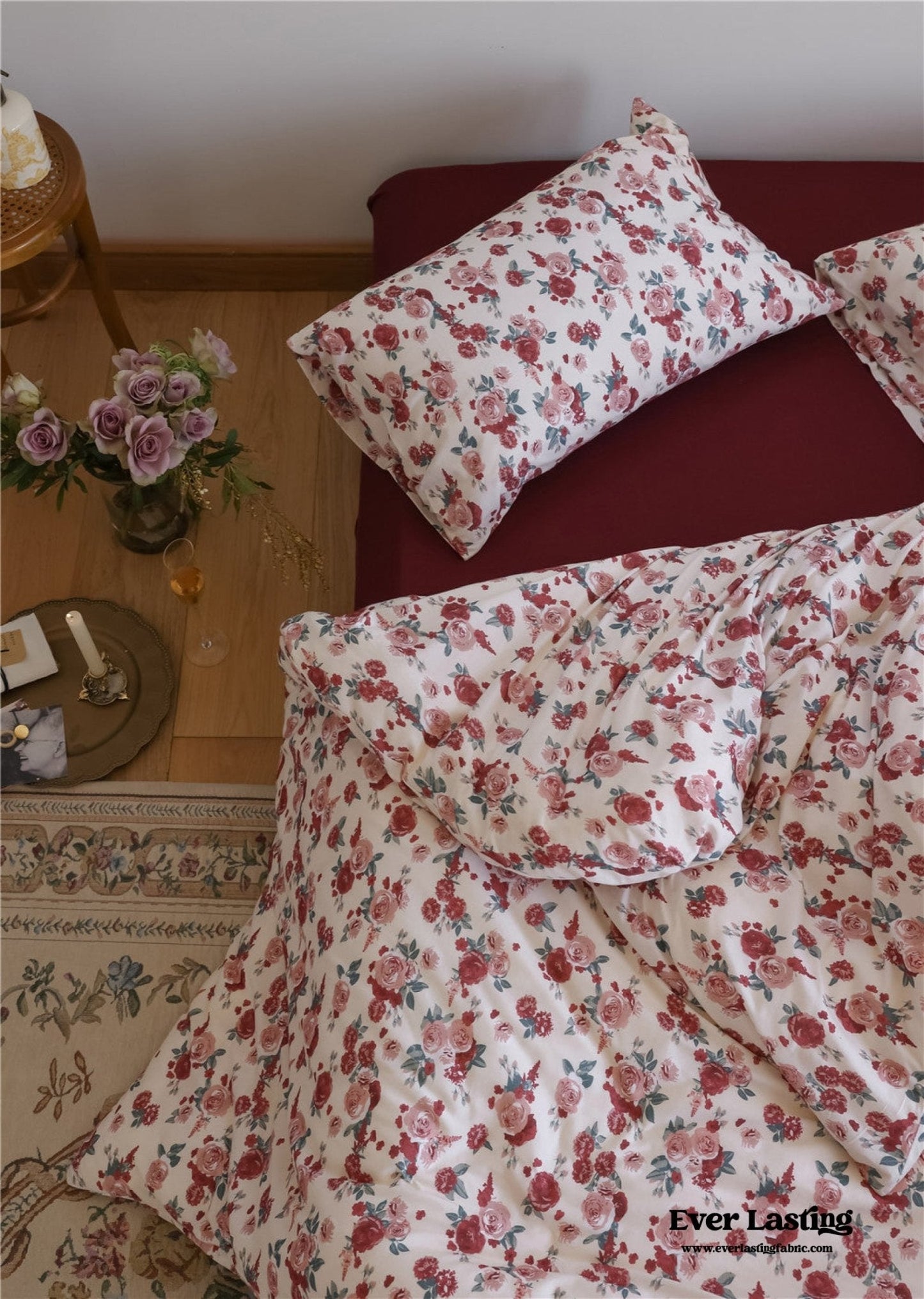 Vintage Floral Jersey Knit Bedding Set / Maroon Red