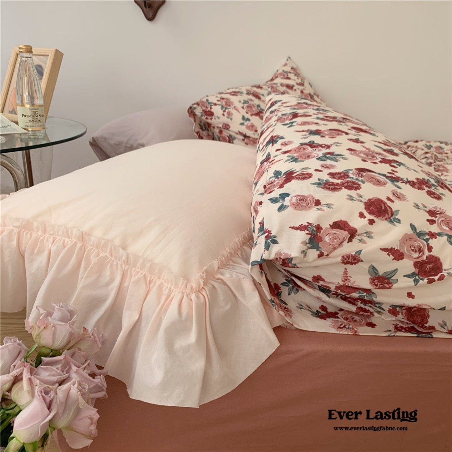 Vintage Floral Jersey Knit Bedding Set / Rust Pink