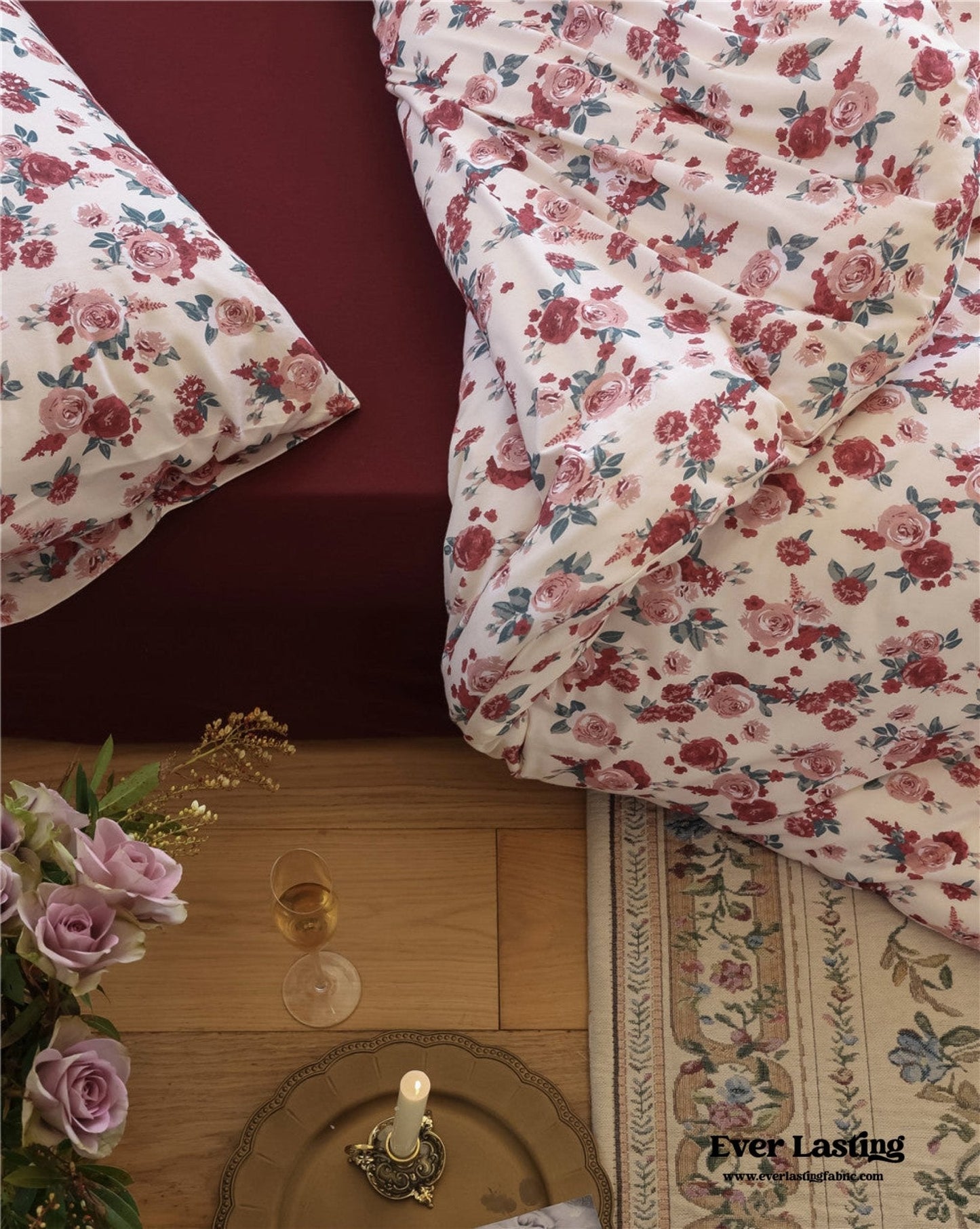 Vintage Floral Jersey Knit Bedding Set / Rust Pink