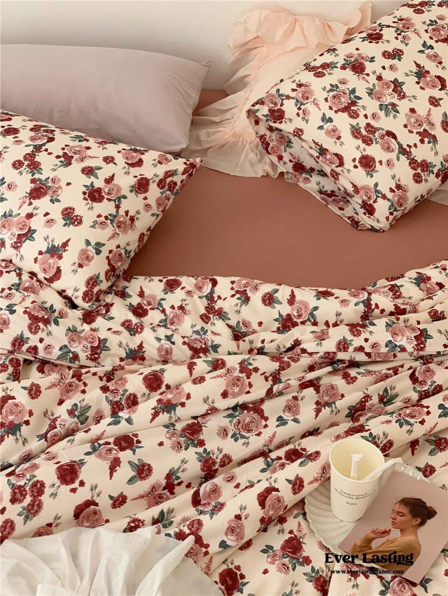 Vintage Floral Jersey Knit Bedding Set / Rust Pink
