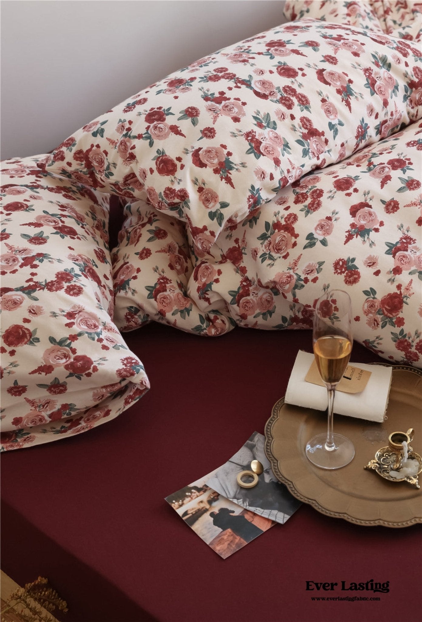 Vintage Floral Jersey Knit Bedding Set / Rust Pink