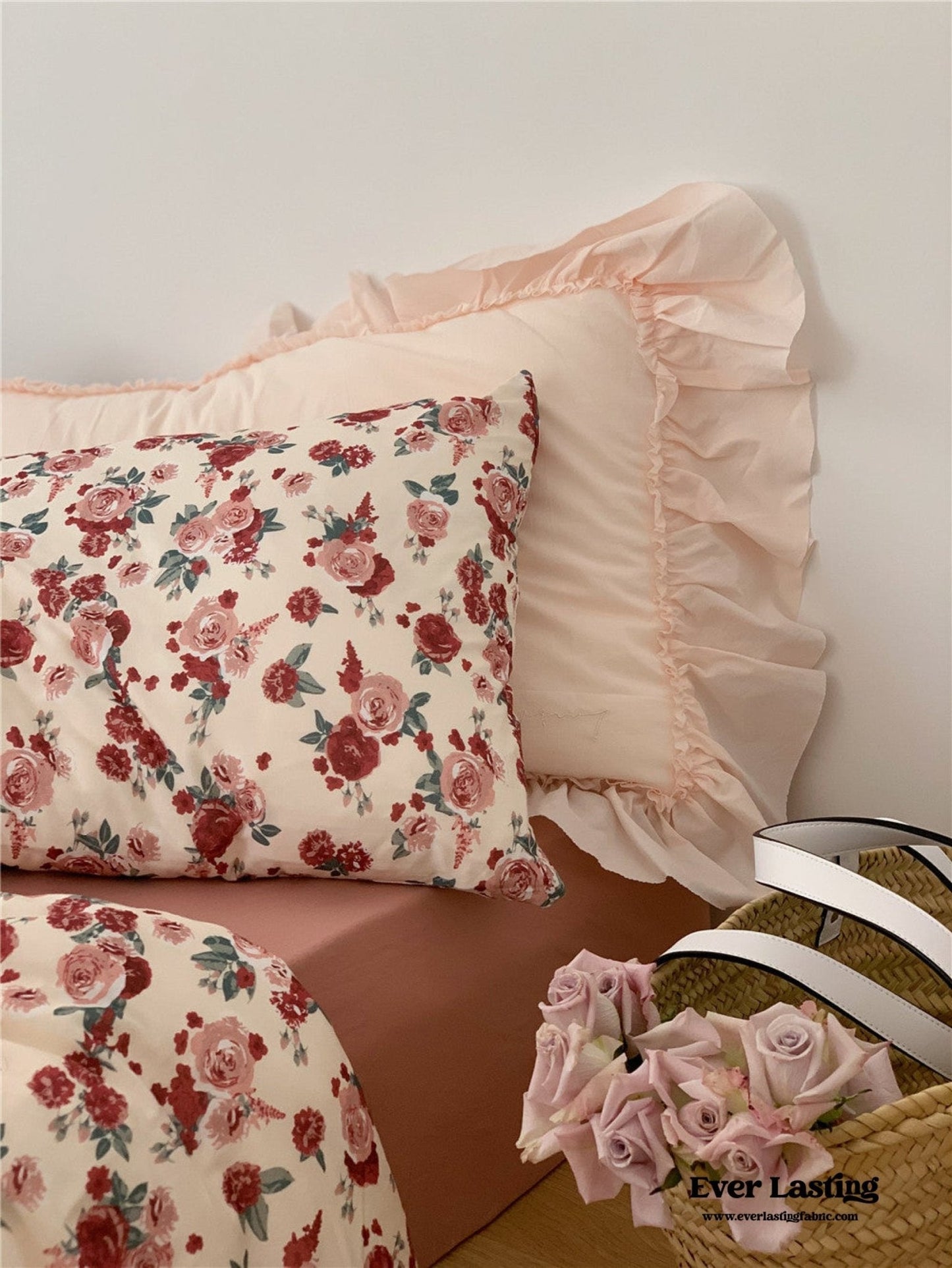 Vintage Floral Jersey Knit Bedding Set / Rust Pink