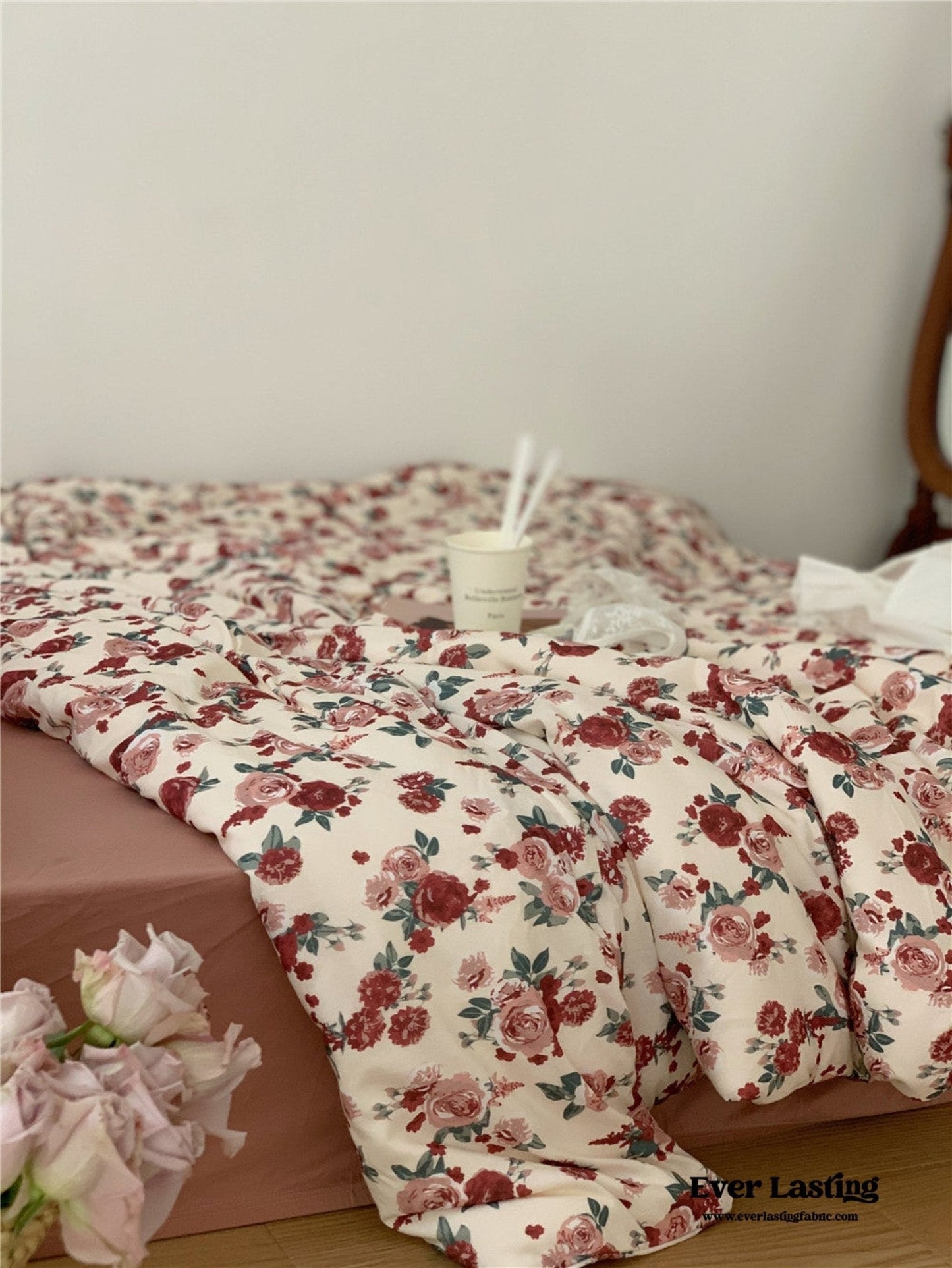 Vintage Floral Jersey Knit Bedding Set / Rust Pink