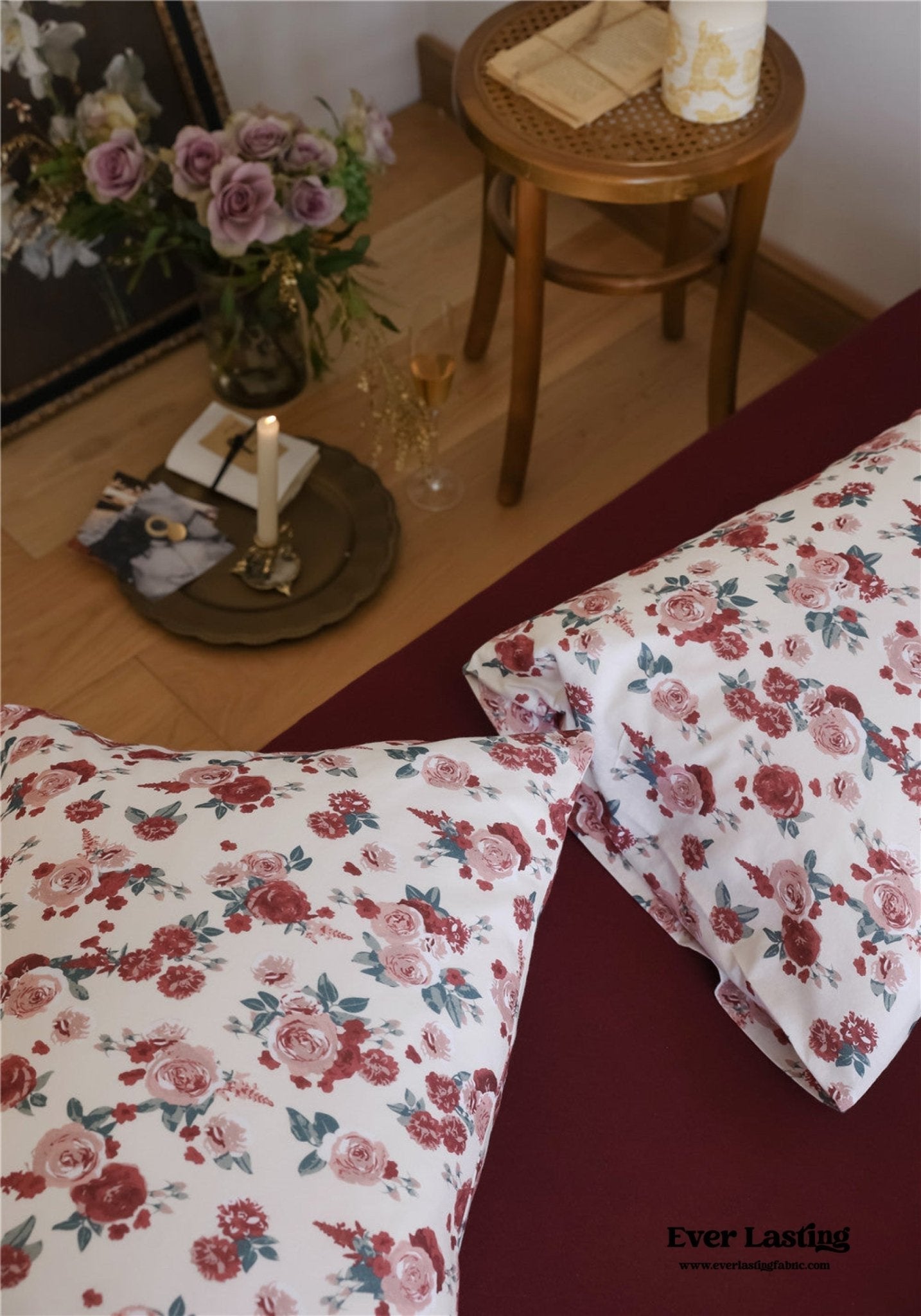 Vintage Floral Jersey Knit Bedding Set / Rust Pink