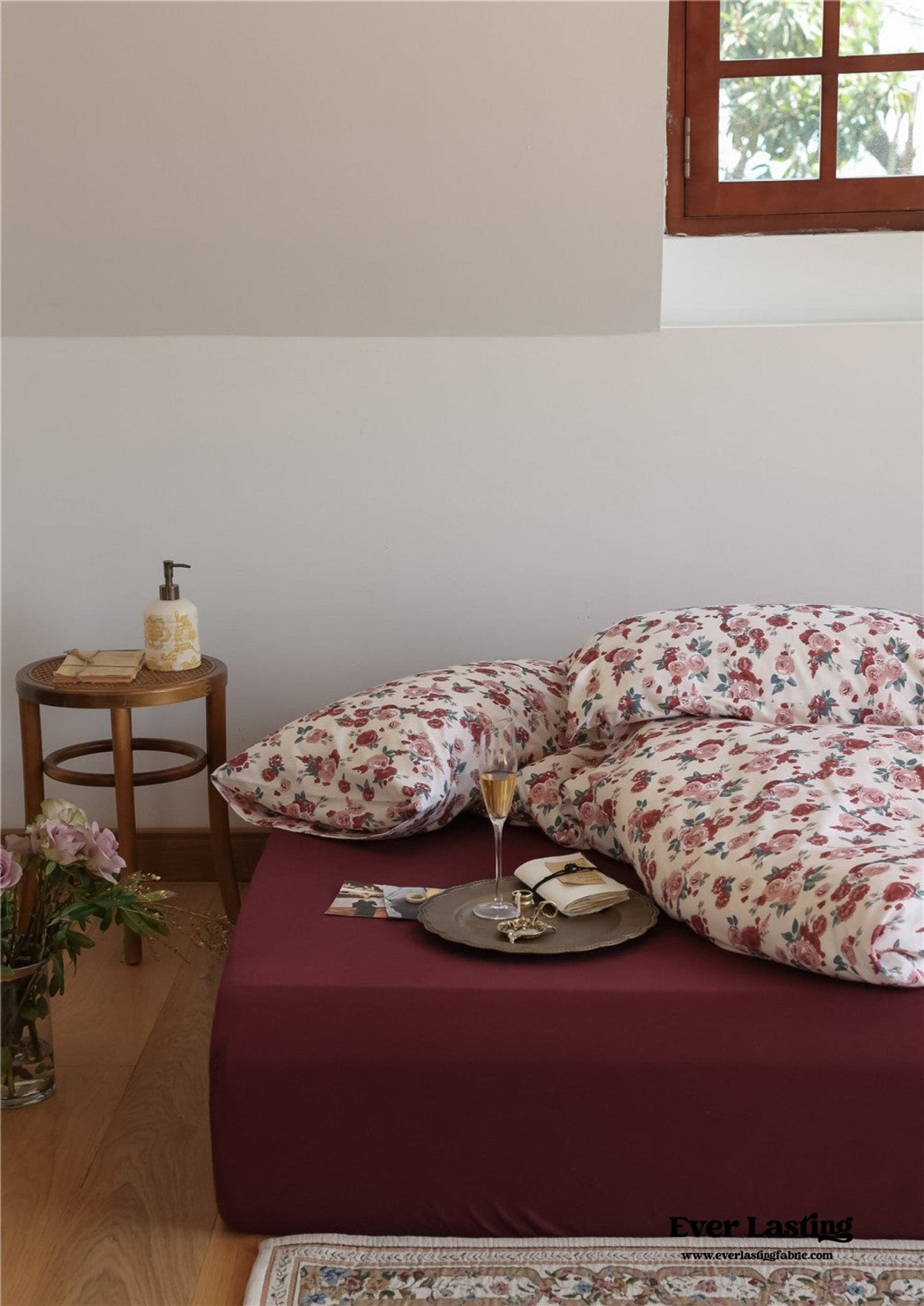 Vintage Floral Jersey Knit Bedding Set / Rust Pink