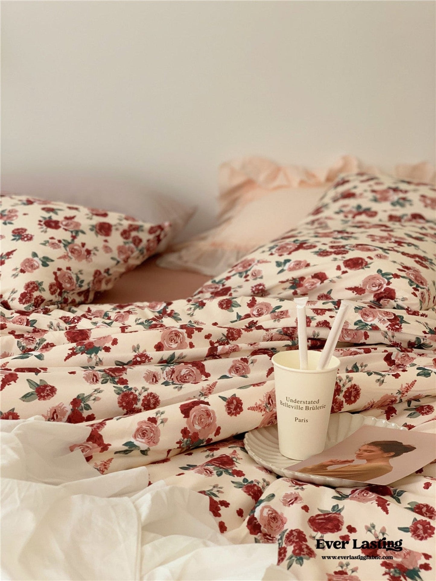 Vintage Floral Jersey Knit Bedding Set / Rust Pink