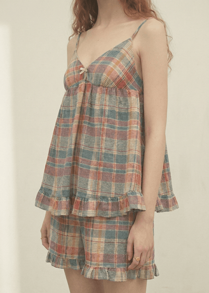 Vintage Inspired Plaid Tank Shorts Pajama Set