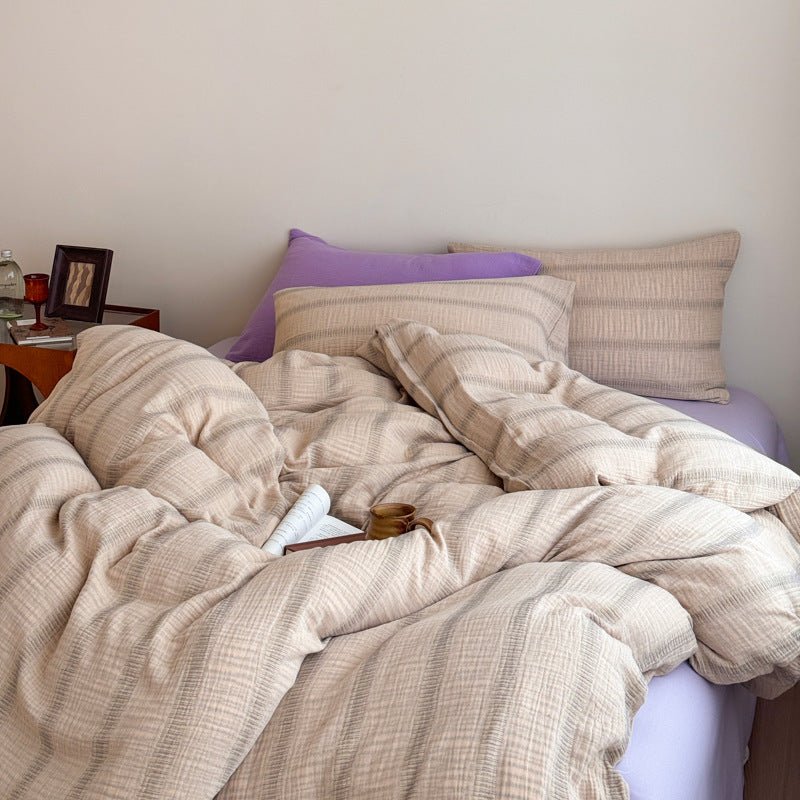 Vintage Striped Washed Cotton Bedding Set / Khaki & Purple