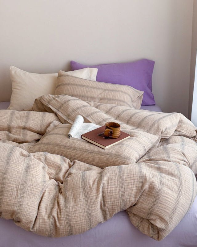 Vintage Striped Washed Cotton Bedding Set / Khaki & Purple