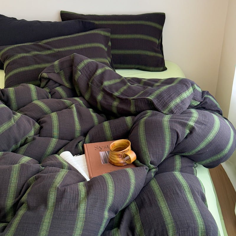 Vintage Striped Washed Cotton Bedding Set / Black & Green