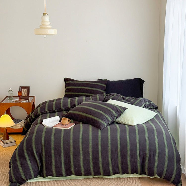 Vintage Striped Washed Cotton Bedding Set / Black & Green