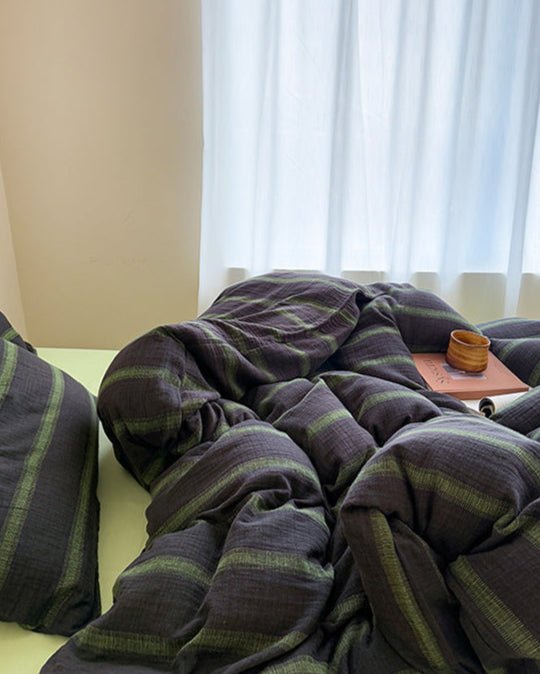 Vintage Striped Washed Cotton Bedding Set / Khaki & Purple