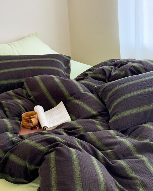 Vintage Striped Washed Cotton Bedding Set / Khaki & Purple