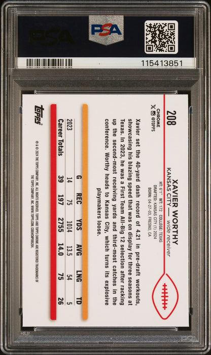 Graded 2024 Topps Chrome Xavier Worthy #208 Rookie RC Football Card PSA 10 Gem Mint