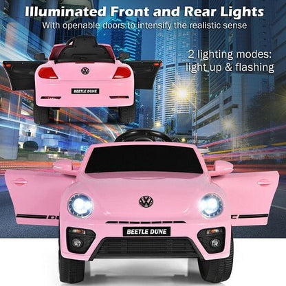 Electric Pink Kids Ride-On Car with Remote Control, Volkswagen Beetle Style