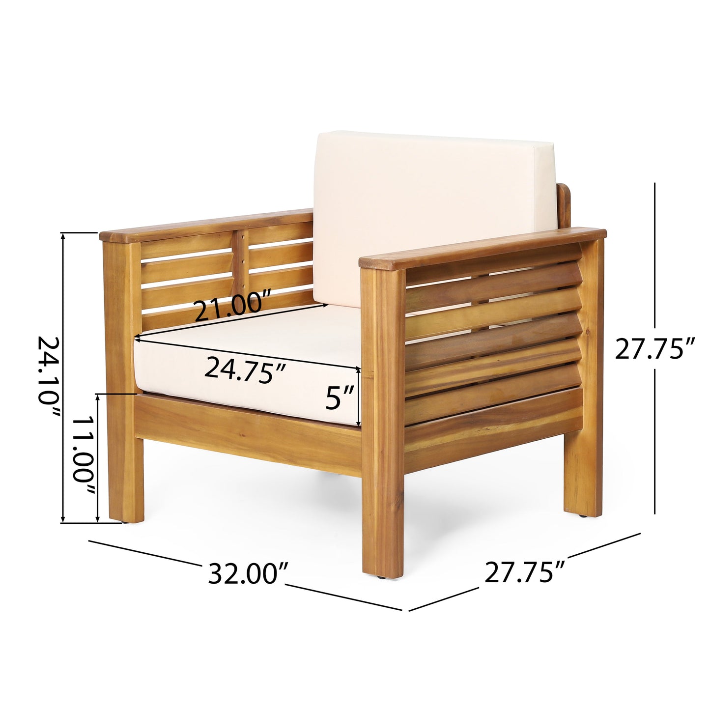Set of 2 Outdoor Acacia Wood Club Chairs with Cushions