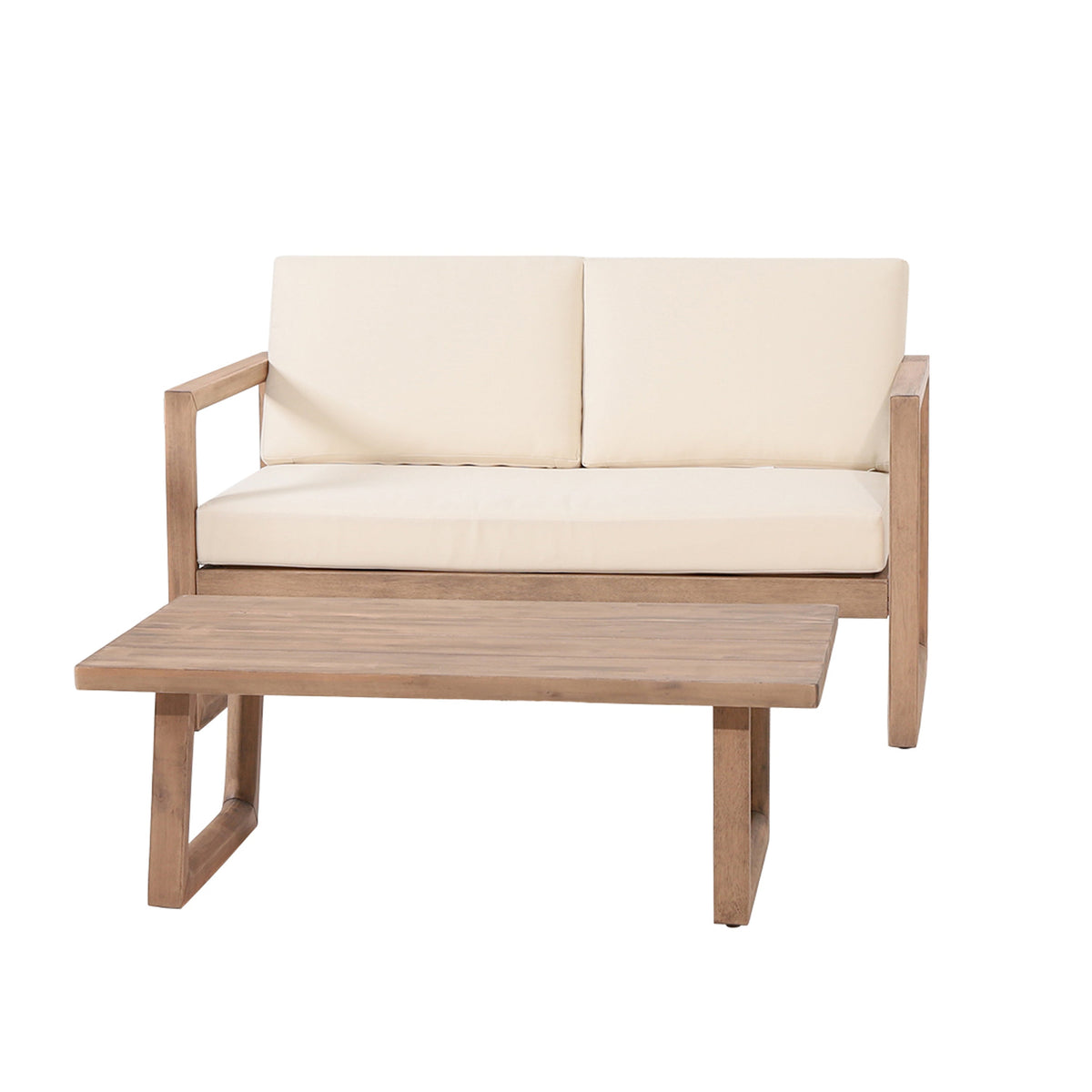 Outdoor Acacia Wood Loveseat and Coffee Table Set with Cushions