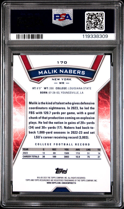 Graded 2024 Topps Resurgence Malik Nabers #170 Blue & Orange Spark Rookie RC Football Card PSA 10 Gem Mint