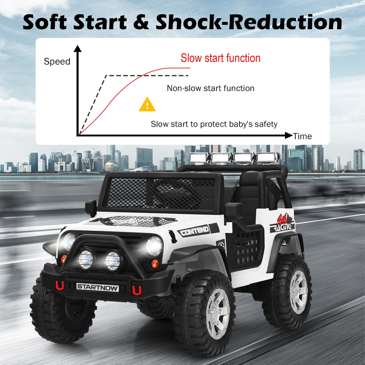 White 12V Electric Ride-On Truck for Kids with Remote Control and Lights