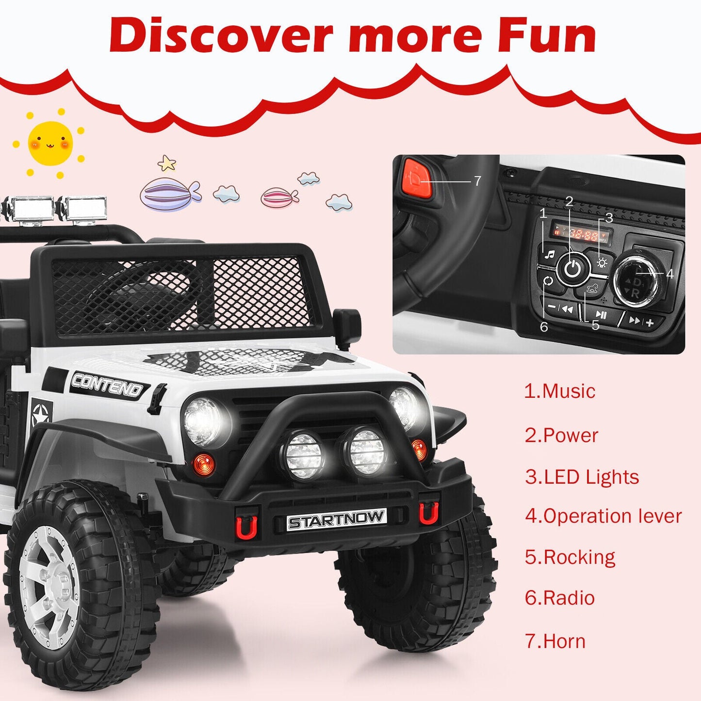 White 12V Electric Ride-On Truck for Kids with Remote Control and Lights