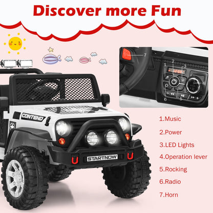 White 12V Electric Ride-On Truck for Kids with Remote Control and Lights