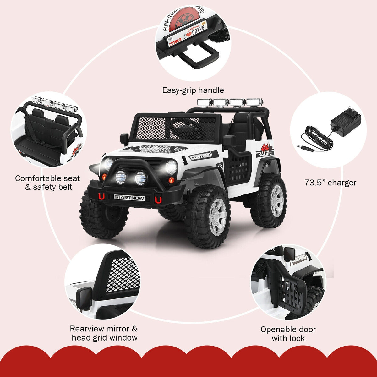 White 12V Electric Ride-On Truck for Kids with Remote Control and Lights