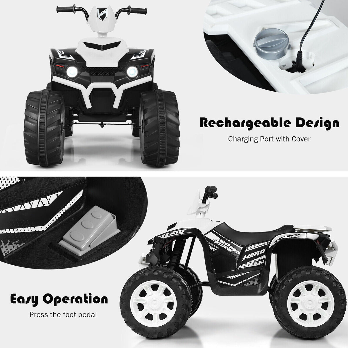 White 12V Kids ATV Quad Ride On Car with LED Light and Music Toy