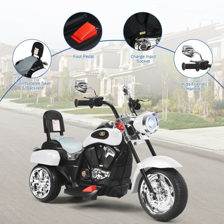White 3-Wheel Chopper Motorcycle Toy for Kids with Headlight & Horn