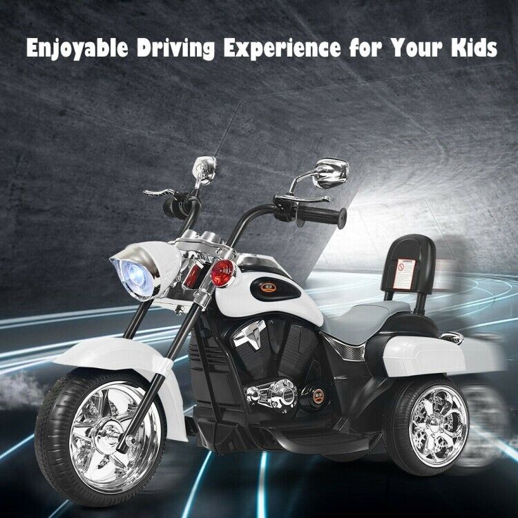 White 3-Wheel Chopper Motorcycle Toy for Kids with Headlight & Horn