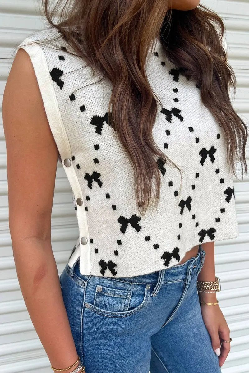 Love Salve White Bow Cropped Sweater Vest — Sleeveless Summer Top