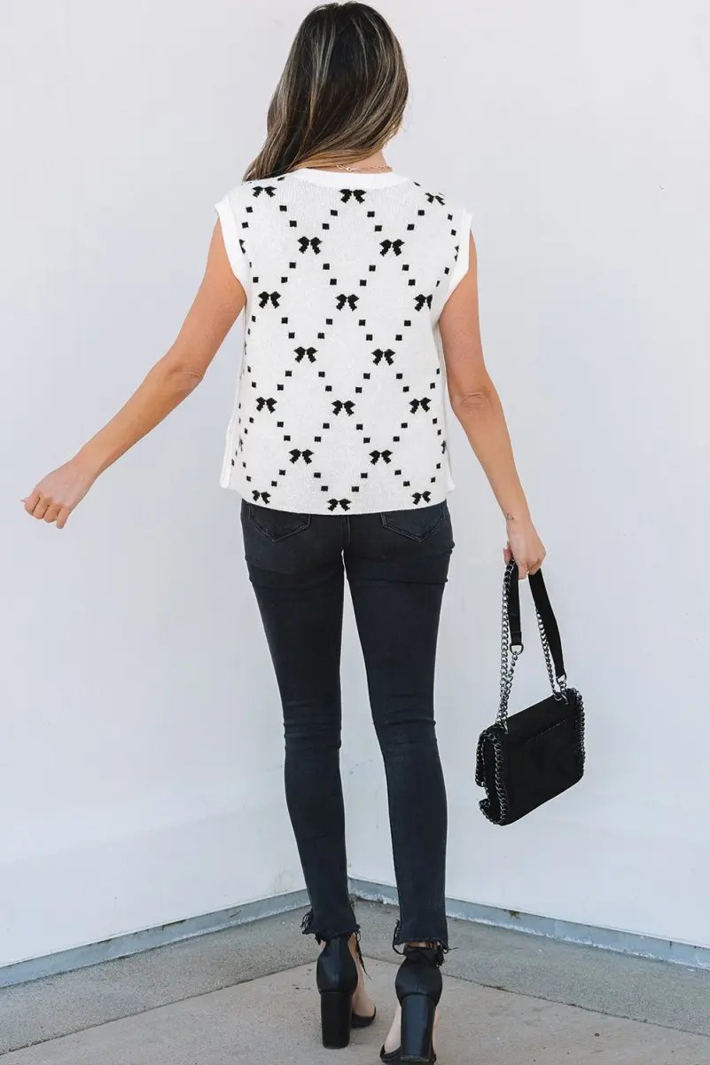 Love Salve White Bow Cropped Sweater Vest — Sleeveless Summer Top